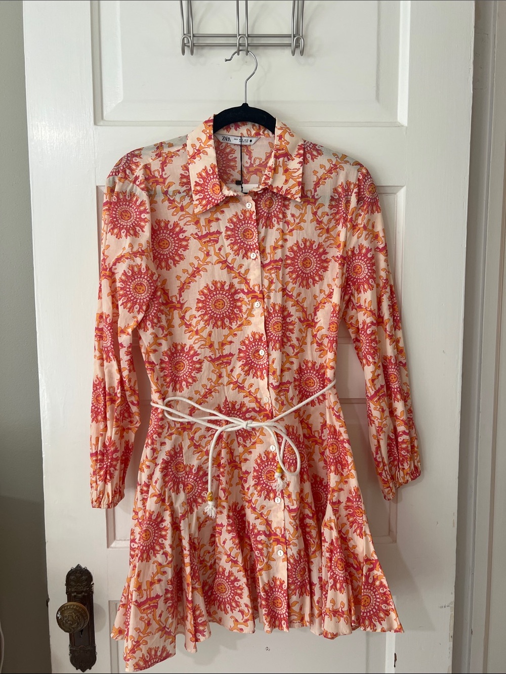 Zara Pink and Orange Printed Long-Sleeve Shirt Dress
